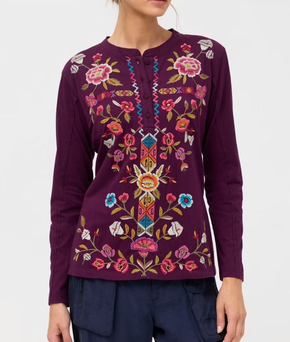 Johnny Was Anaya Raw Seam Henley Long Sleeve Top Floral Embroidered LARGE